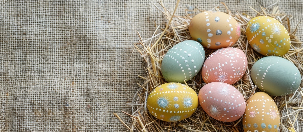 Fototapete easter themed painted eggs creatively arranged on burlap and straw with a copy space image included