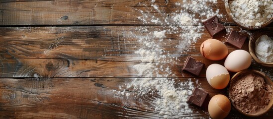 Messy baking preparation with love featuring ingredients like egg flour and dark cooking chocolate on a wooden rustic table with a copy space image