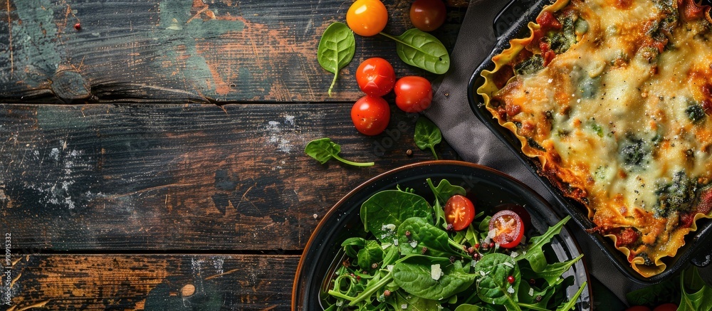 Poster background includes a fresh spinach salad and casserole alongside a homemade oven baked green lasagn