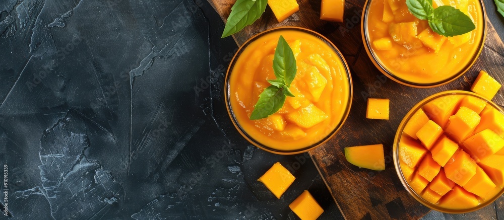 Poster Top view of two mango smoothies with diced mango on a chopping board with copy space image