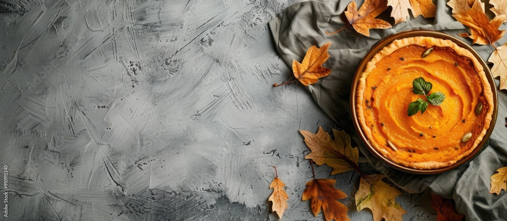 Aufkleber Thanksgiving Day themed rustic flat lay image featuring a vegetarian pumpkin soup puree and souffle on a gray backdrop with copy space