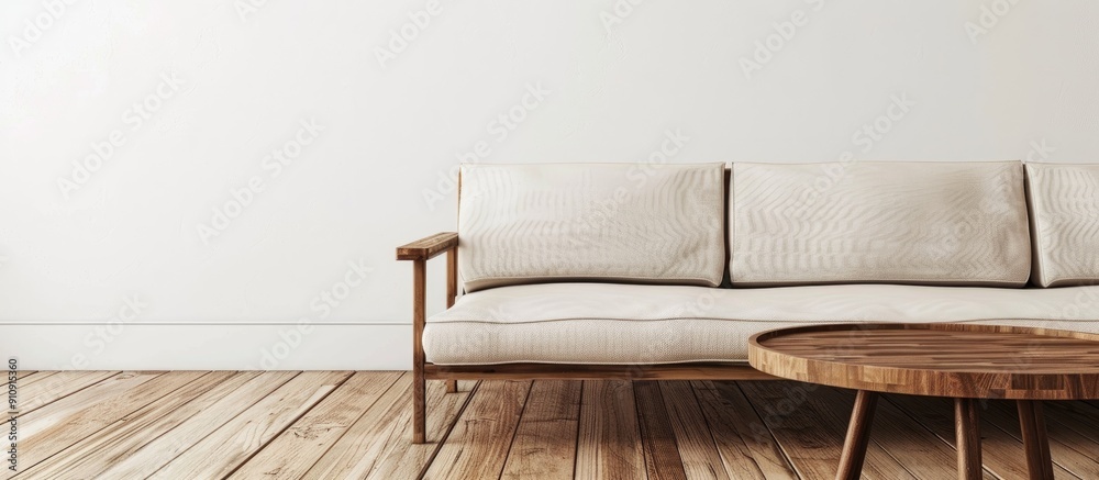 Poster minimal concept with a beige fabric sofa and wooden table on a wooden floor against a white wall pro
