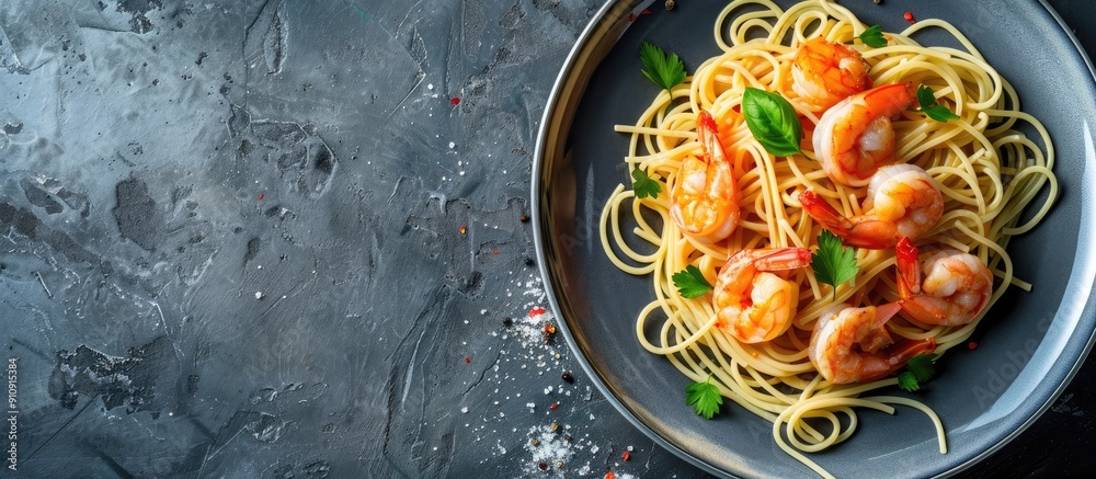 Poster Top view of a plate of spaghetti shrimp scampi against a dark background with ample copy space image available