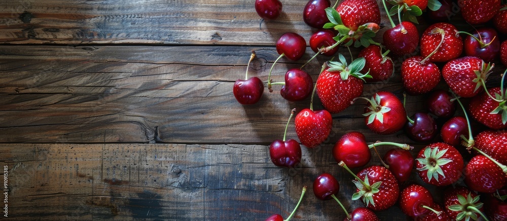 Aufkleber top view flatlay of fresh cherries and strawberries on a wooden surface embodying a summer theme wit
