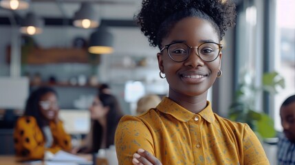 Fototapeta premium A woman with glasses and a yellow shirt is smiling and posing for a picture