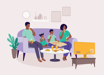 Black Family Eating Pizza For Dinner And Watching TV Together In The Living Room At Home.