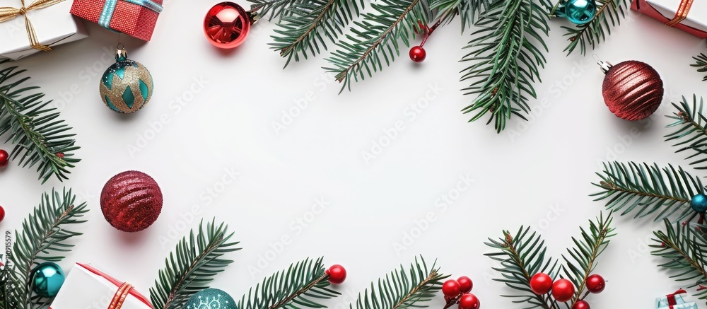 Poster A festive Christmas backdrop featuring tree branches and colorful gift boxes and baubles on a white background complete with copy space image