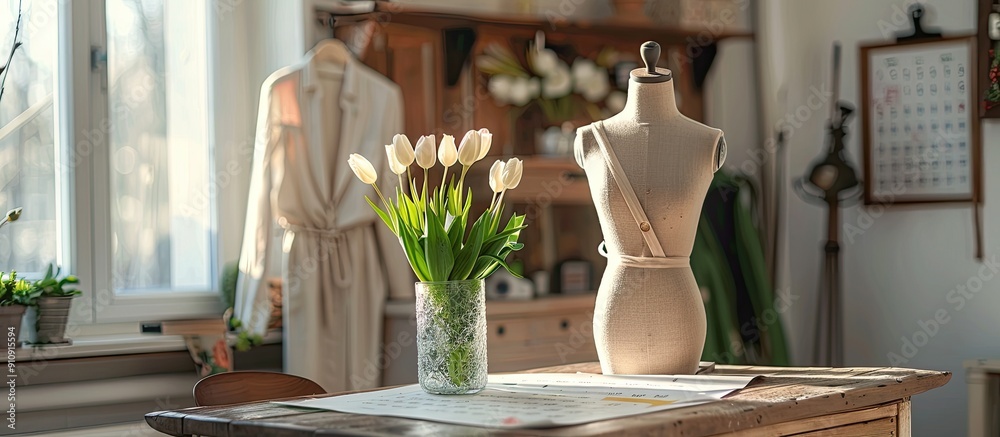 Aufkleber In the living room there is a table with a vase of tulips a calendar and a wooden mannequin creating a cozy ambiance with a rustic touch against a copy space image