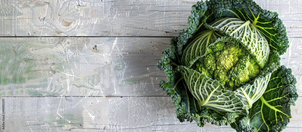 Poster organic savoy cabbage displayed on a white wooden table with copy space image