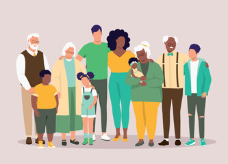 Portrait Of A Large Or Multi-Generational Diverse Family In Different Age, Gender, Body Size, Hairstyle And Racial. Full Length.