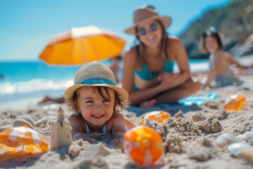 Happy toddler playing in the sand at the beach with family on a sunny day, enjoying summer vacation