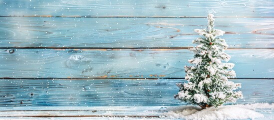 Fototapeta premium Snow made Christmas tree with natural decor on blue wood ideal for creative Christmas themed copy space images