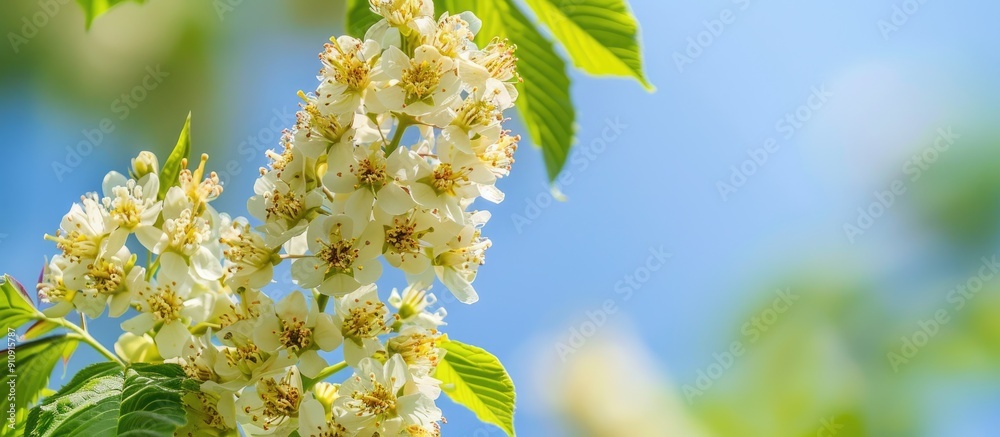 Poster a picture featuring the white blossoms of an aesculus hippocastanum tree branch with fresh green lea