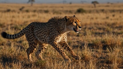 Naklejka premium A cheetah running on the savannah, surrounded by vast plains and prey.