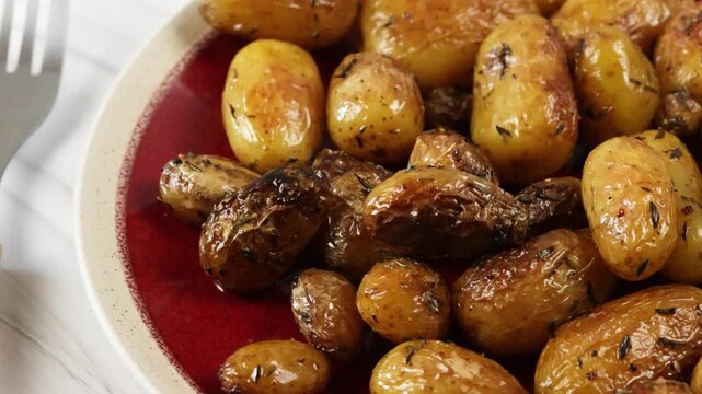 gros plan sur des Pommes de terre grenaille au thym et &agrave; l'ail dans une assiette	