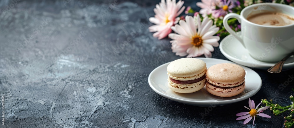 Poster morning indulgence with coffee and macarons adorned by flowers on a dark backdrop ideal for a copy s