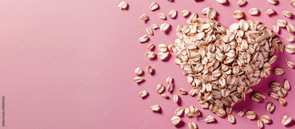 Poster Background of pink with heart created from uncooked oats providing copy space image