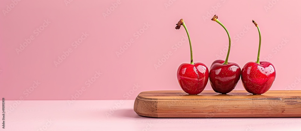 Aufkleber a fresh cherry sits on a wooden board against a pink backdrop symbolizing summer sweetness there is 