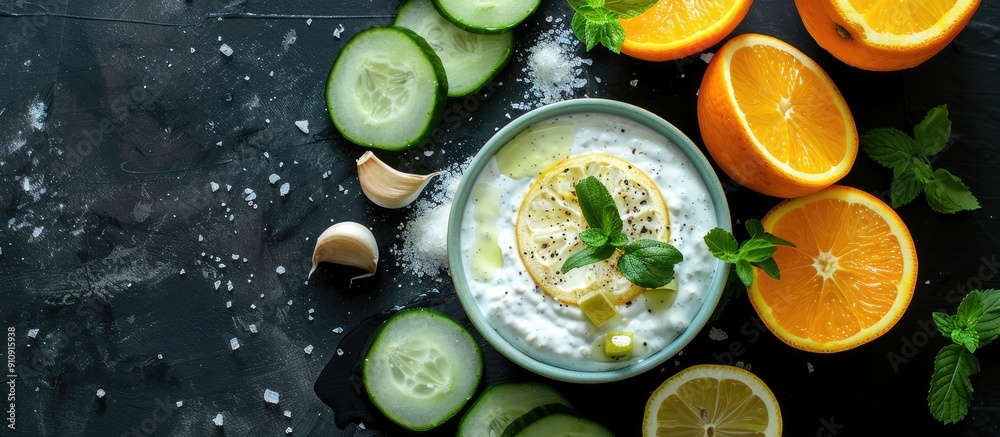 Poster top view of a greek yogurt dip with cucumber slices oranges and garlic all beautifully presented on 