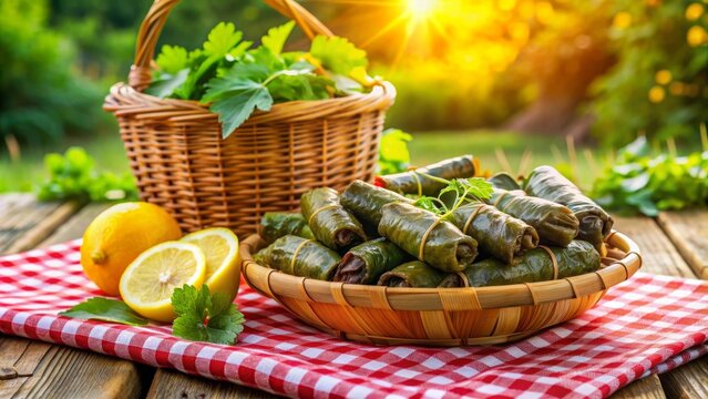 Dolmas tradicionales de hojas de parra rellenas de arroz y hierbas, servidas en una mesa de madera al aire libre, junto con una cesta de mimbre llena de limones frescos.