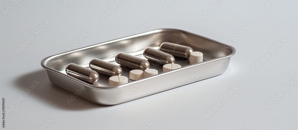 Poster white background featuring a stainless steel pill counting tray with copy space image