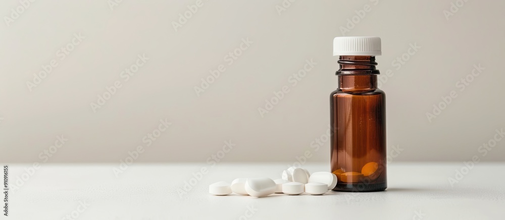 Poster Glass bottle and pills arranged neatly on a light background with ample copy space image