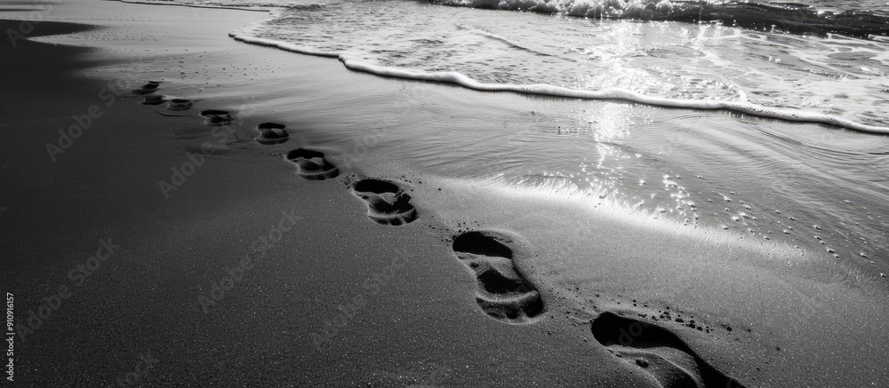 Poster monochrome image of human footprints on a sandy beach by the sea coast symbolizing vacation travel a