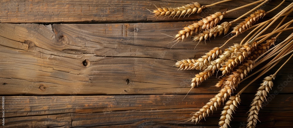 Poster wheat ears set on wooden backdrop depicting mediterranean diet ideal for copy space image
