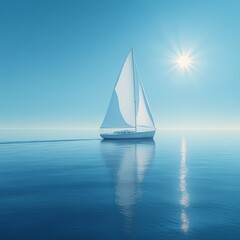 Obraz premium Serene view of a sailboat gliding on calm blue ocean waters under a bright sunlit sky, evoking peace and tranquility.