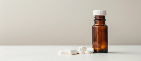 Glass bottle and pills arranged neatly on a light background with ample copy space image