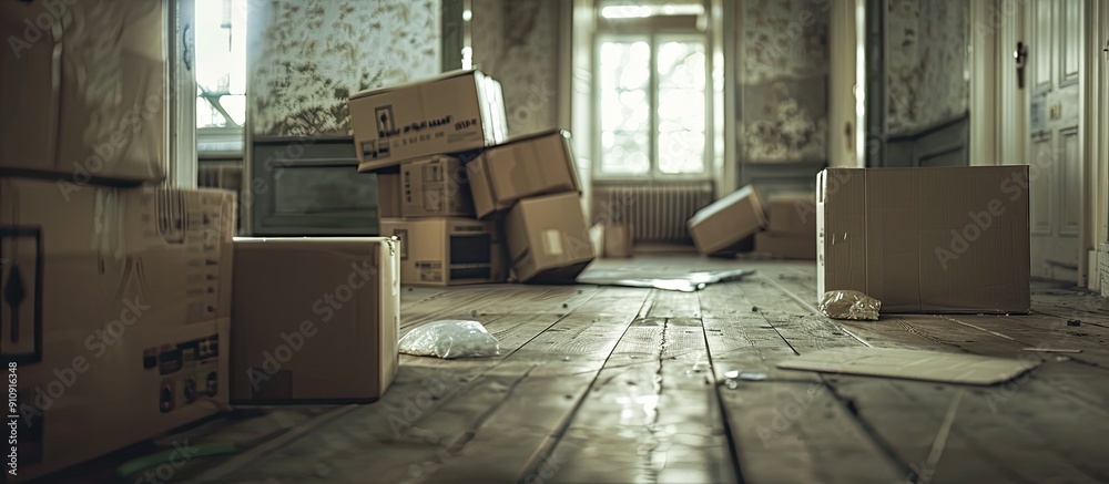 Aufkleber Moving day with cardboard boxes scattered on the floor in an empty apartment provides a perfect copy space image