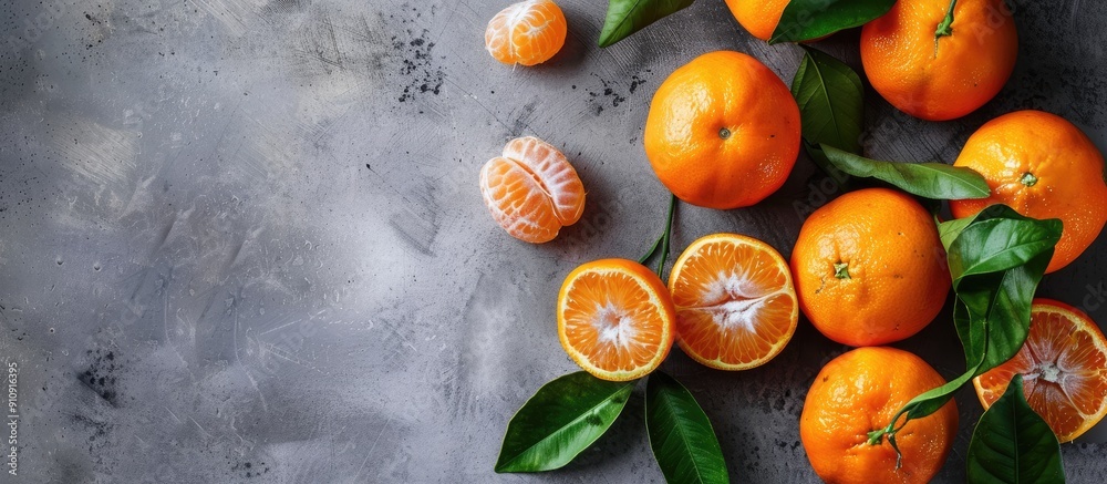 Poster tasty tangerines on a grey backdrop with copy space image