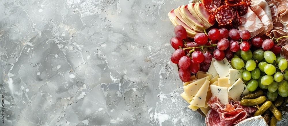 Poster top view of a varied antipasto platter on a gray background with cold meats cheeses and grapes ample