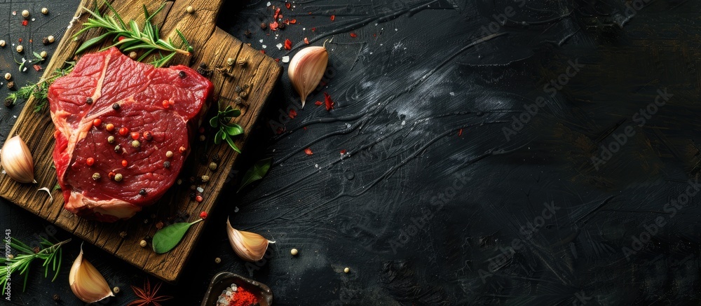 Aufkleber top view of a raw beef steak on a wooden board against a black background with spices ideal for a we