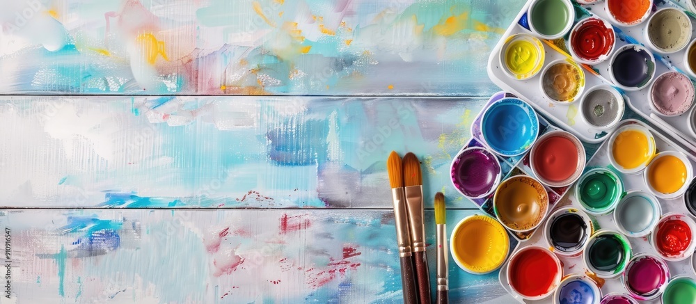 Poster art supplies like watercolor paints and brushes on a table with room for text creative flat lay imag