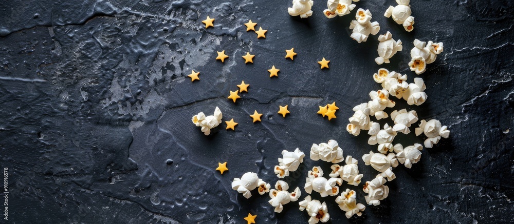 Fototapete Puzzle dishes with popcorn arranged to resemble stars on a moon textured black stone background creating an intriguing and whimsical copy space image
