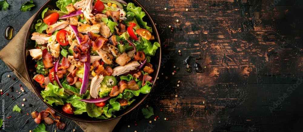 Poster Top down view of a rustic vegetable salad with chicken and bacon featuring a free area for text suitable as a copy space image