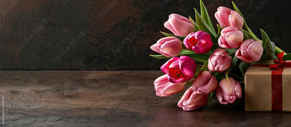 Poster a mother s day greeting card with tulips and a gift displayed on a table accompanied by copy space f