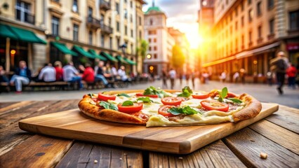 Pizza margherita servida sobre una tabla de madera en una calle urbana con restaurantes al aire libre y un hermoso atardecer.