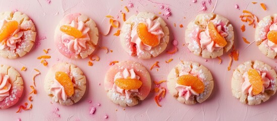High resolution photo featuring Italian peach cookies with sugar pink coating and orange infused sweet ricotta on a pink background perfect for copy space image