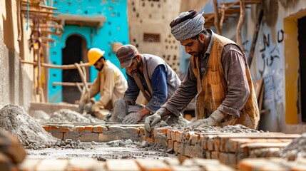 Construction Workers Building a Wall in Pakistan
