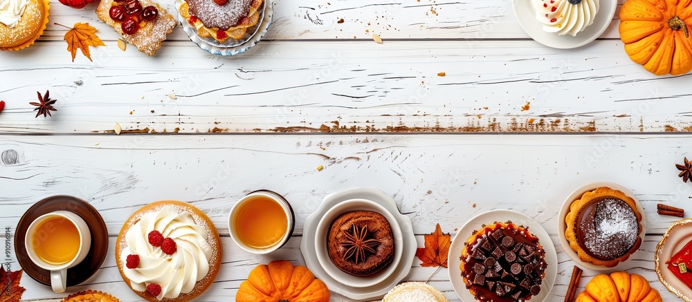 Aufkleber table scene featuring a variety of classic autumn desserts arranged along the side border on a white
