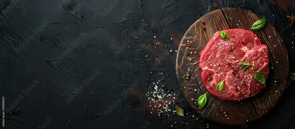 Aufkleber top view of a raw beef steak on a wooden board against a black background with spices ideal for a we