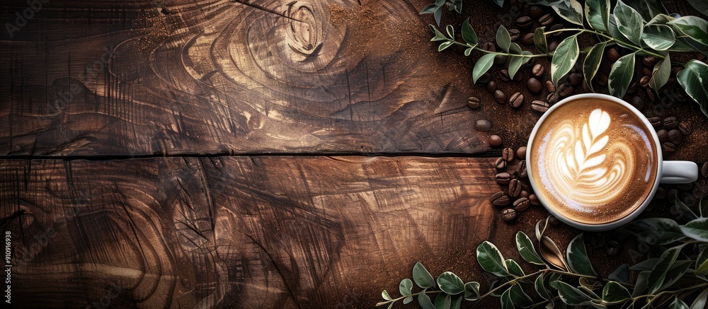 Poster latte on wooden backdrop perfect for unwinding copy space image