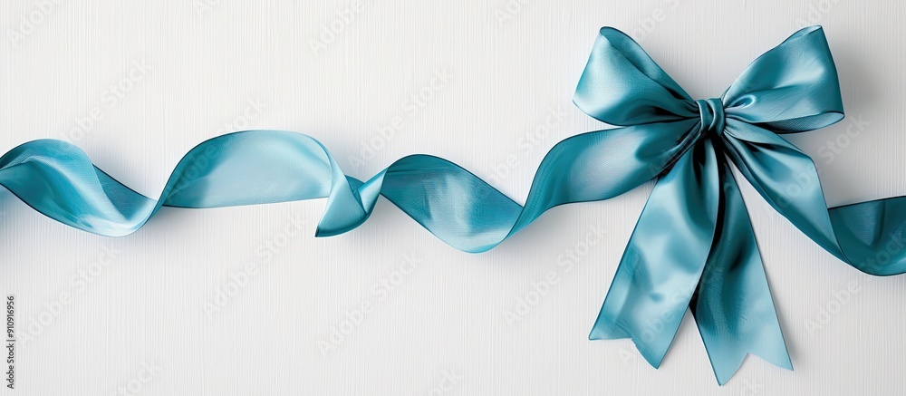 Poster silky sky blue ribbons with bows and tails beautifully displayed against a white backdrop in this co