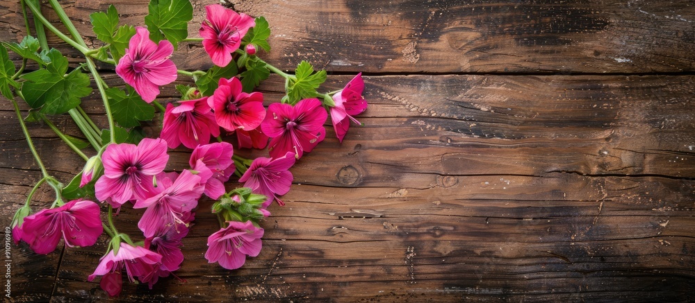 Aufkleber Geranium flowers displayed on a rustic wooden board with empty space for text or images. Creative banner. Copyspace image