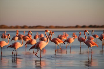 Groupe of pink flamingo birds on the blue lagoon on a sunny day