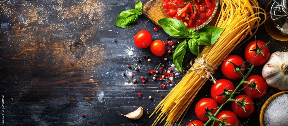 Poster Items required to prepare authentic Italian spaghetti includes fresh tomatoes garlic and basil with ample space for customization in the dish