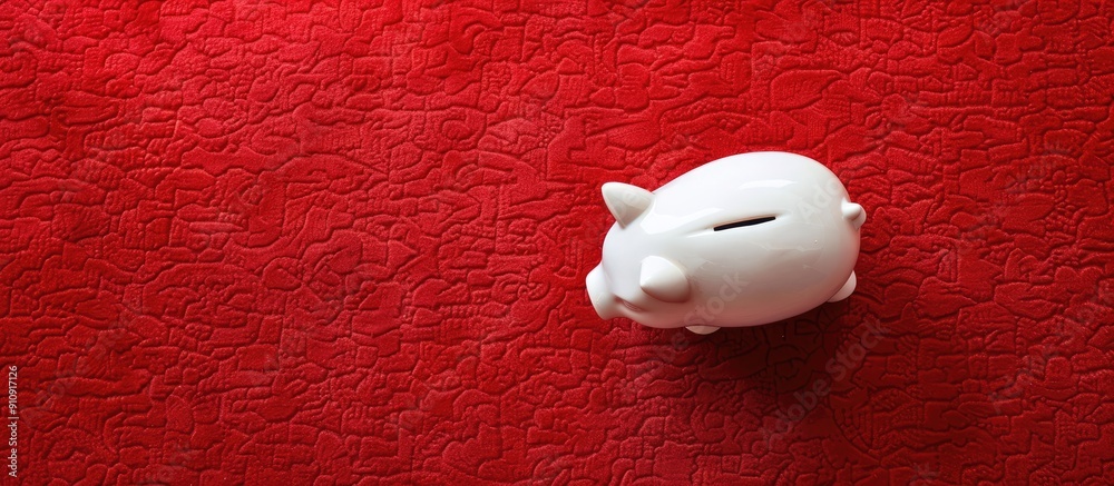 Aufkleber Top view of a white piggy bank on a red surface with available copy space image