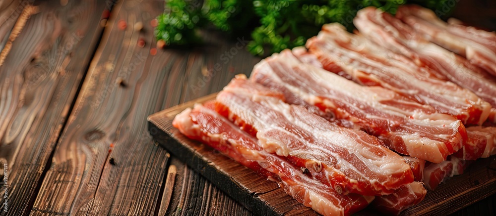 Aufkleber uncooked pork belly slices on a wooden table for chinese new year dishes with space for text or imag